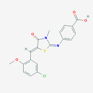 molecular formula C19H15ClN2O4S B422164 4-{[5-(5-Chloro-2-methoxybenzylidene)-3-methyl-4-oxo-1,3-thiazolidin-2-ylidene]amino}benzoic acid 