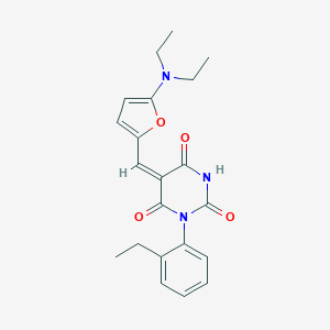 molecular formula C21H23N3O4 B422192 5-{[5-(diethylamino)-2-furyl]methylene}-1-(2-ethylphenyl)-2,4,6(1H,3H,5H)-pyrimidinetrione 
