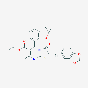 molecular formula C27H26N2O6S B422217 ethyl 2-(1,3-benzodioxol-5-ylmethylene)-5-(2-isopropoxyphenyl)-7-methyl-3-oxo-2,3-dihydro-5H-[1,3]thiazolo[3,2-a]pyrimidine-6-carboxylate 