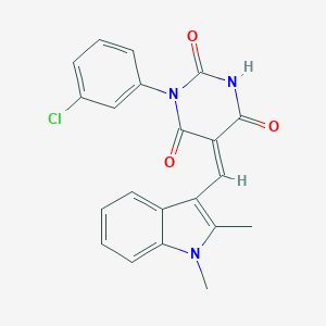 molecular formula C21H16ClN3O3 B422218 1-(3-chlorophenyl)-5-[(1,2-dimethyl-1H-indol-3-yl)methylene]-2,4,6(1H,3H,5H)-pyrimidinetrione 