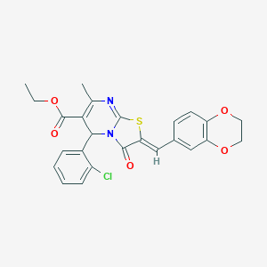 molecular formula C25H21ClN2O5S B422222 ethyl (2Z)-5-(2-chlorophenyl)-2-(2,3-dihydro-1,4-benzodioxin-6-ylmethylidene)-7-methyl-3-oxo-2,3-dihydro-5H-[1,3]thiazolo[3,2-a]pyrimidine-6-carboxylate 