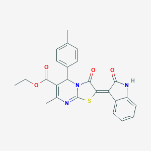 molecular formula C25H21N3O4S B422231 ethyl 7-methyl-5-(4-methylphenyl)-3-oxo-2-(2-oxo-1,2-dihydro-3H-indol-3-ylidene)-2,3-dihydro-5H-[1,3]thiazolo[3,2-a]pyrimidine-6-carboxylate 
