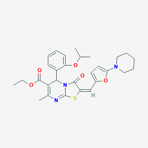 molecular formula C29H33N3O5S B422235 ethyl 5-(2-isopropoxyphenyl)-7-methyl-3-oxo-2-{[5-(1-piperidinyl)-2-furyl]methylene}-2,3-dihydro-5H-[1,3]thiazolo[3,2-a]pyrimidine-6-carboxylate 