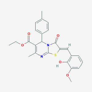 molecular formula C25H24N2O5S B422243 ethyl (2Z)-2-(2-hydroxy-3-methoxybenzylidene)-7-methyl-5-(4-methylphenyl)-3-oxo-2,3-dihydro-5H-[1,3]thiazolo[3,2-a]pyrimidine-6-carboxylate 