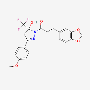 molecular formula C21H19F3N2O5 B4222460 3-(1,3-benzodioxol-5-yl)-1-[5-hydroxy-3-(4-methoxyphenyl)-5-(trifluoromethyl)-4H-pyrazol-1-yl]propan-1-one 