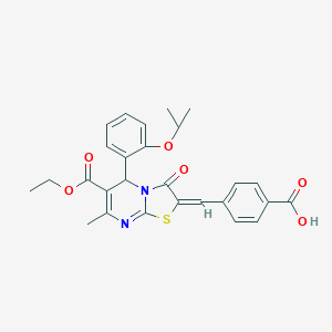 molecular formula C27H26N2O6S B422250 4-[(6-(ethoxycarbonyl)-5-(2-isopropoxyphenyl)-7-methyl-3-oxo-5H-[1,3]thiazolo[3,2-a]pyrimidin-2(3H)-ylidene)methyl]benzoic acid 