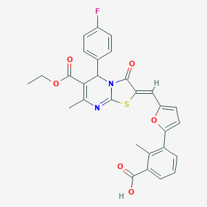 molecular formula C29H23FN2O6S B422264 3-{5-[(6-(ethoxycarbonyl)-5-(4-fluorophenyl)-7-methyl-3-oxo-5H-[1,3]thiazolo[3,2-a]pyrimidin-2(3H)-ylidene)methyl]-2-furyl}-2-methylbenzoic acid 