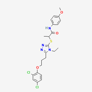 molecular formula C23H26Cl2N4O3S B4222711 2-({5-[3-(2,4-dichlorophenoxy)propyl]-4-ethyl-4H-1,2,4-triazol-3-yl}sulfanyl)-N-(4-methoxyphenyl)propanamide 