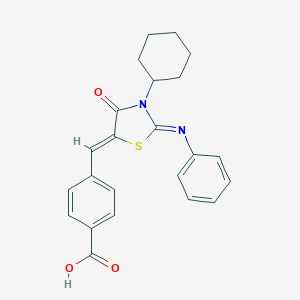 molecular formula C23H22N2O3S B422272 4-{[3-Cyclohexyl-4-oxo-2-(phenylimino)-1,3-thiazolidin-5-ylidene]methyl}benzoic acid 