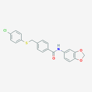 molecular formula C21H16ClNO3S B422315 N-(1,3-benzodioxol-5-yl)-4-{[(4-chlorophenyl)sulfanyl]methyl}benzamide 
