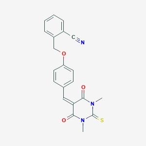 molecular formula C21H17N3O3S B422340 2-[[4-[(1,3-Dimethyl-4,6-dioxo-2-sulfanylidene-1,3-diazinan-5-ylidene)methyl]phenoxy]methyl]benzonitrile CAS No. 347386-14-5