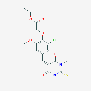 molecular formula C18H19ClN2O6S B422457 ethyl {2-chloro-4-[(1,3-dimethyl-4,6-dioxo-2-thioxotetrahydro-5(2H)-pyrimidinylidene)methyl]-6-methoxyphenoxy}acetate 