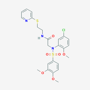 molecular formula C24H26ClN3O6S2 B422470 2-{5-chloro[(3,4-dimethoxyphenyl)sulfonyl]-2-methoxyanilino}-N-[2-(pyridin-2-ylsulfanyl)ethyl]acetamide 