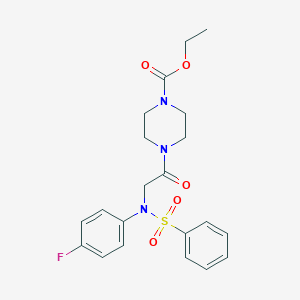 molecular formula C21H24FN3O5S B422473 Ethyl 4-{[4-fluoro(phenylsulfonyl)anilino]acetyl}-1-piperazinecarboxylate 
