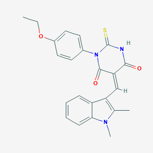 molecular formula C23H21N3O3S B422496 (5Z)-5-[(1,2-dimethyl-1H-indol-3-yl)methylidene]-1-(4-ethoxyphenyl)-2-thioxodihydropyrimidine-4,6(1H,5H)-dione 