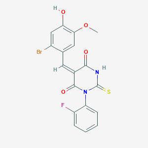 molecular formula C18H12BrFN2O4S B422515 (5E)-5-(2-bromo-4-hydroxy-5-methoxybenzylidene)-1-(2-fluorophenyl)-2-thioxodihydropyrimidine-4,6(1H,5H)-dione 