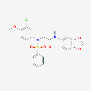 molecular formula C22H19ClN2O6S B422524 N-(1,3-benzodioxol-5-yl)-2-[3-chloro-4-methoxy(phenylsulfonyl)anilino]acetamide 