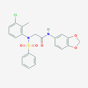 molecular formula C22H19ClN2O5S B422529 N-(1,3-benzodioxol-5-yl)-2-[3-chloro-2-methyl(phenylsulfonyl)anilino]acetamide 