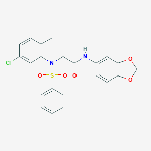molecular formula C22H19ClN2O5S B422553 N-(1,3-benzodioxol-5-yl)-2-[5-chloro-2-methyl(phenylsulfonyl)anilino]acetamide 