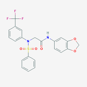 molecular formula C22H17F3N2O5S B422562 N-(1,3-benzodioxol-5-yl)-2-[(phenylsulfonyl)-3-(trifluoromethyl)anilino]acetamide 