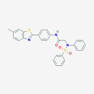 molecular formula C28H23N3O3S2 B422567 N-[4-(6-methyl-1,3-benzothiazol-2-yl)phenyl]-2-[(phenylsulfonyl)anilino]acetamide 