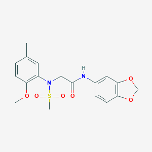 molecular formula C18H20N2O6S B422587 N-(1,3-benzodioxol-5-yl)-2-[2-methoxy-5-methyl(methylsulfonyl)anilino]acetamide 