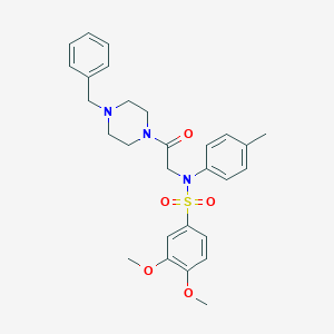 molecular formula C28H33N3O5S B422591 N-[2-(4-benzylpiperazin-1-yl)-2-oxoethyl]-3,4-dimethoxy-N-(4-methylphenyl)benzenesulfonamide 