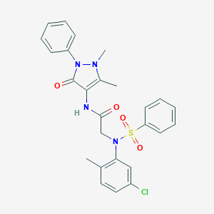 molecular formula C26H25ClN4O4S B422596 2-[5-chloro-2-methyl(phenylsulfonyl)anilino]-N-(1,5-dimethyl-3-oxo-2-phenyl-2,3-dihydro-1H-pyrazol-4-yl)acetamide 
