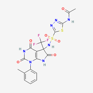 molecular formula C18H14F3N7O6S2 B4226388 N-[5-({[1-(2-methylphenyl)-2,4,6-trioxo-5-(trifluoromethyl)-2,3,4,5,6,7-hexahydro-1H-pyrrolo[2,3-d]pyrimidin-5-yl]amino}sulfonyl)-1,3,4-thiadiazol-2-yl]acetamide 