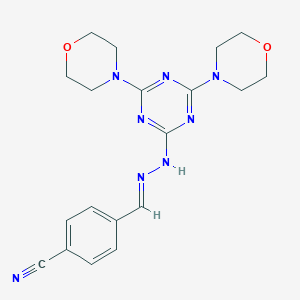 molecular formula C19H22N8O2 B422669 4-{2-[4,6-Di(4-morpholinyl)-1,3,5-triazin-2-yl]carbohydrazonoyl}benzonitrile 
