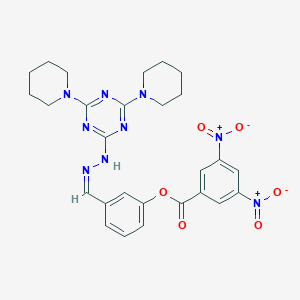molecular formula C27H29N9O6 B422674 3-{2-[4,6-Di(1-piperidinyl)-1,3,5-triazin-2-yl]carbohydrazonoyl}phenyl 3,5-bisnitrobenzoate 