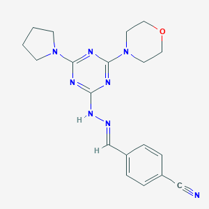 molecular formula C19H22N8O B422675 4-{2-[4-(4-Morpholinyl)-6-(1-pyrrolidinyl)-1,3,5-triazin-2-yl]carbohydrazonoyl}benzonitrile 