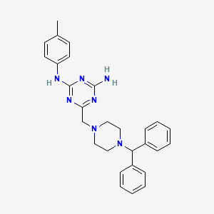 molecular formula C28H31N7 B4226925 6-{[4-(diphenylmethyl)-1-piperazinyl]methyl}-N-(4-methylphenyl)-1,3,5-triazine-2,4-diamine 