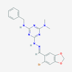 molecular formula C20H20BrN7O2 B422702 6-Bromo-1,3-benzodioxole-5-carbaldehyde [4-(benzylamino)-6-(dimethylamino)-1,3,5-triazin-2-yl]hydrazone 