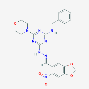 molecular formula C22H22N8O5 B422728 6-Nitro-1,3-benzodioxole-5-carbaldehyde [4-(benzylamino)-6-(4-morpholinyl)-1,3,5-triazin-2-yl]hydrazone 