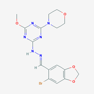 molecular formula C16H17BrN6O4 B422729 6-Bromo-1,3-benzodioxole-5-carbaldehyde [4-methoxy-6-(4-morpholinyl)-1,3,5-triazin-2-yl]hydrazone 