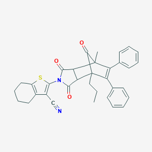 molecular formula C34H30N2O3S B422759 2-(1-Methyl-3,5,10-trioxo-8,9-diphenyl-7-propyl-4-azatricyclo[5.2.1.0~2,6~]dec-8-en-4-yl)-4,5,6,7-tetrahydro-1-benzothiophene-3-carbonitrile 