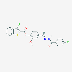 molecular formula C24H16Cl2N2O4S B422768 4-{(E)-[(4-Chlorobenzoyl)hydrazono]methyl}-2-methoxyphenyl 3-chloro-1-benzothiophene-2-carboxylate 