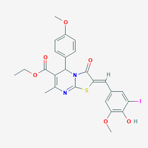 molecular formula C25H23IN2O6S B422824 ethyl (2Z)-2-[(4-hydroxy-3-iodo-5-methoxyphenyl)methylidene]-5-(4-methoxyphenyl)-7-methyl-3-oxo-5H-[1,3]thiazolo[3,2-a]pyrimidine-6-carboxylate CAS No. 5649-32-1