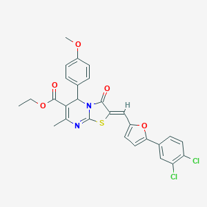 molecular formula C28H22Cl2N2O5S B422827 ethyl 2-{[5-(3,4-dichlorophenyl)-2-furyl]methylene}-5-(4-methoxyphenyl)-7-methyl-3-oxo-2,3-dihydro-5H-[1,3]thiazolo[3,2-a]pyrimidine-6-carboxylate 