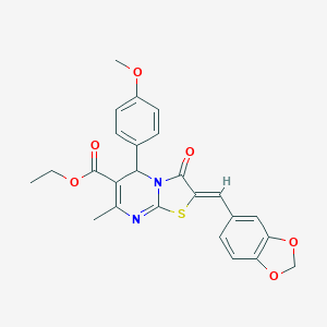molecular formula C25H22N2O6S B422828 ethyl 2-(1,3-benzodioxol-5-ylmethylene)-5-(4-methoxyphenyl)-7-methyl-3-oxo-2,3-dihydro-5H-[1,3]thiazolo[3,2-a]pyrimidine-6-carboxylate 