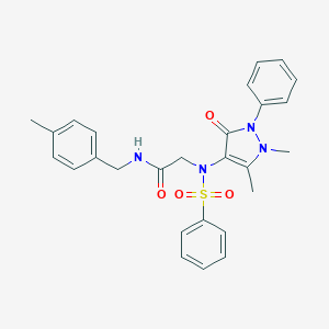 molecular formula C27H28N4O4S B422833 2-[(1,5-dimethyl-3-oxo-2-phenyl-2,3-dihydro-1H-pyrazol-4-yl)(phenylsulfonyl)amino]-N-(4-methylbenzyl)acetamide 