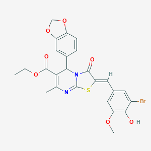 molecular formula C25H21BrN2O7S B422835 ethyl 5-(1,3-benzodioxol-5-yl)-2-(3-bromo-4-hydroxy-5-methoxybenzylidene)-7-methyl-3-oxo-2,3-dihydro-5H-[1,3]thiazolo[3,2-a]pyrimidine-6-carboxylate 