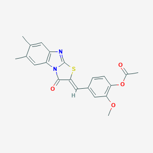 molecular formula C21H18N2O4S B422845 4-[(6,7-dimethyl-3-oxo[1,3]thiazolo[3,2-a]benzimidazol-2(3H)-ylidene)methyl]-2-methoxyphenyl acetate 