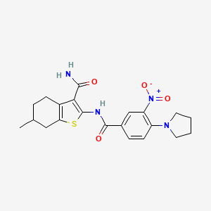 molecular formula C21H24N4O4S B4228581 6-methyl-2-{[3-nitro-4-(1-pyrrolidinyl)benzoyl]amino}-4,5,6,7-tetrahydro-1-benzothiophene-3-carboxamide 