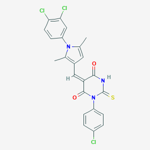 molecular formula C23H16Cl3N3O2S B422873 (5E)-1-(4-chlorophenyl)-5-{[1-(3,4-dichlorophenyl)-2,5-dimethyl-1H-pyrrol-3-yl]methylidene}-2-thioxodihydropyrimidine-4,6(1H,5H)-dione 
