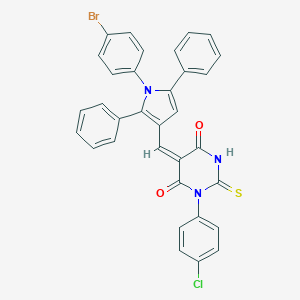 molecular formula C33H21BrClN3O2S B422874 5-{[1-(4-bromophenyl)-2,5-diphenyl-1H-pyrrol-3-yl]methylene}-1-(4-chlorophenyl)-2-thioxodihydro-4,6(1H,5H)-pyrimidinedione 