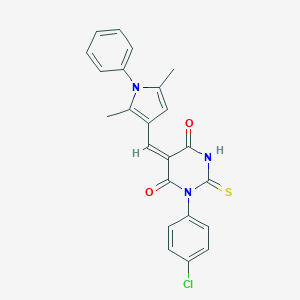 molecular formula C23H18ClN3O2S B422876 1-(4-chlorophenyl)-5-[(2,5-dimethyl-1-phenyl-1H-pyrrol-3-yl)methylene]-2-thioxodihydro-4,6(1H,5H)-pyrimidinedione 