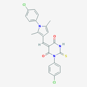 molecular formula C23H17Cl2N3O2S B422877 1-(4-chlorophenyl)-5-{[1-(4-chlorophenyl)-2,5-dimethyl-1H-pyrrol-3-yl]methylene}-2-thioxodihydro-4,6(1H,5H)-pyrimidinedione 