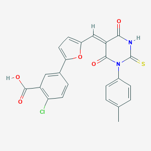 molecular formula C23H15ClN2O5S B422885 2-chloro-5-{5-[(1-(4-methylphenyl)-4,6-dioxo-2-thioxotetrahydro-5(2H)-pyrimidinylidene)methyl]-2-furyl}benzoic acid 
